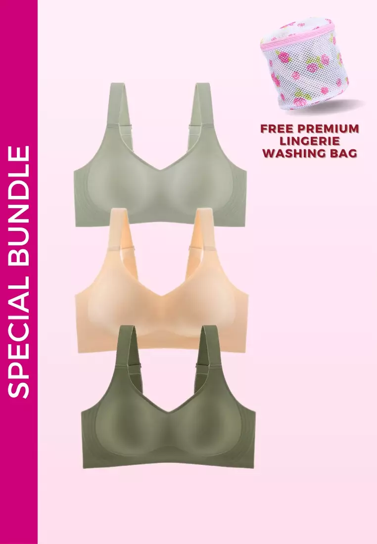 3 Pack Premium Melinda Seamless Wireless Padded Support Bra in Grey, Nude and Green