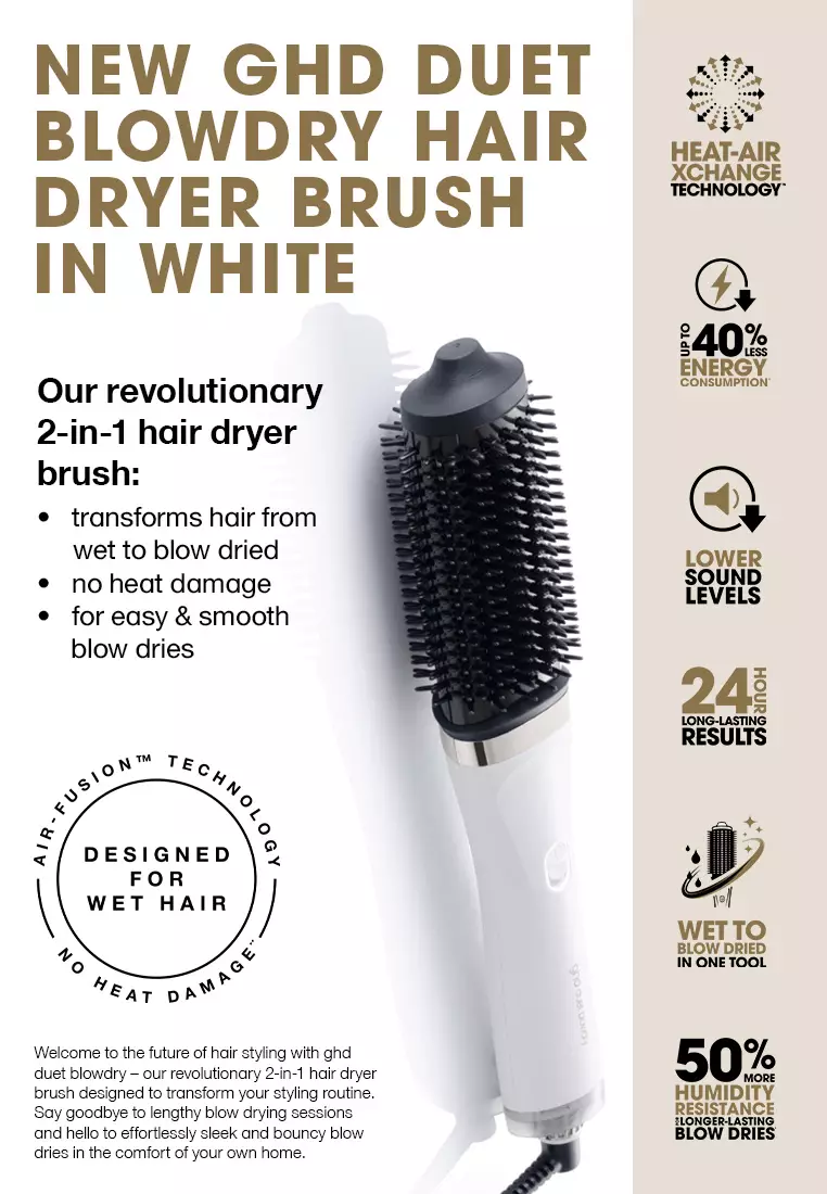 NEW Duet Blowdry Hair Dryer - 2-in-1 hair dryer brush in White, wet to blow dried with no heat damage¹ for easy and smooth blow dries.