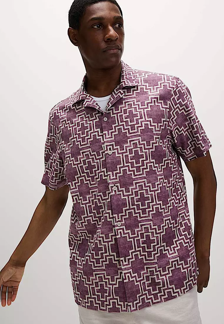 Linen Blend Geometric Print Short Sleeve Shirt
