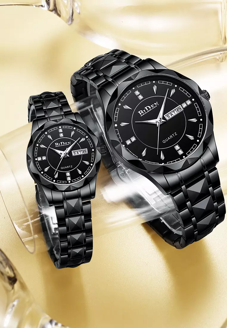 BIDEN Jam Tangan Couple Pasangan Anti Air Original Kalender Bercahaya Luminous Stainless Steel Analog Couple Watch Hitam