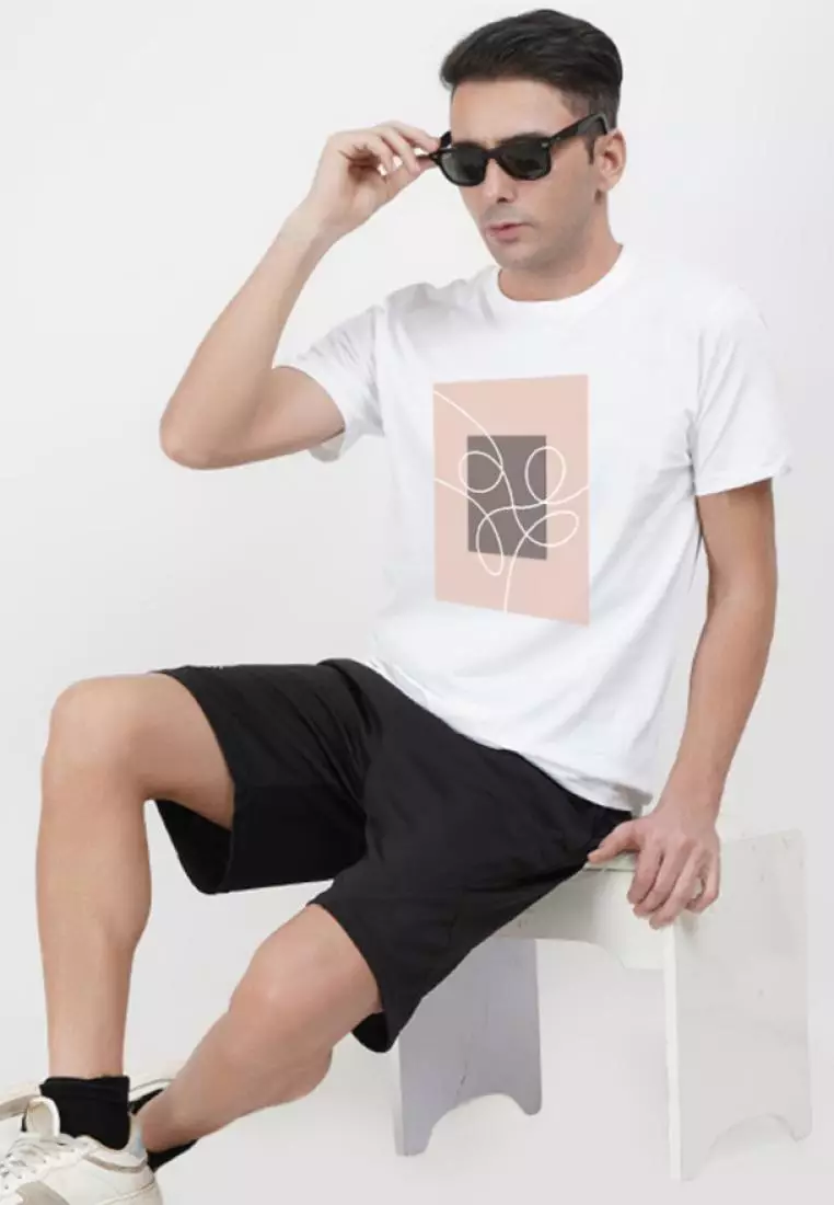 Abstract Frame Graphic White Cotton Short Sleeve Regular Fit Tee