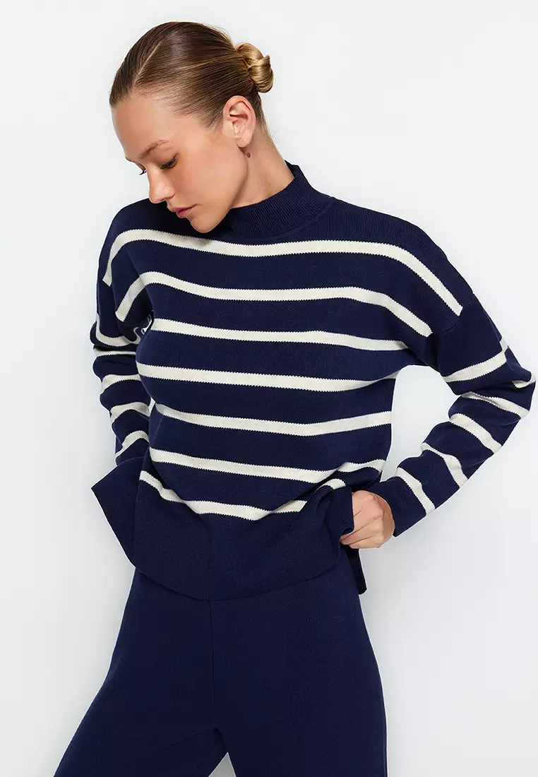 Navy Blue Striped Knitwear Trousers Bottom-Top Set TWOAW24AU00045