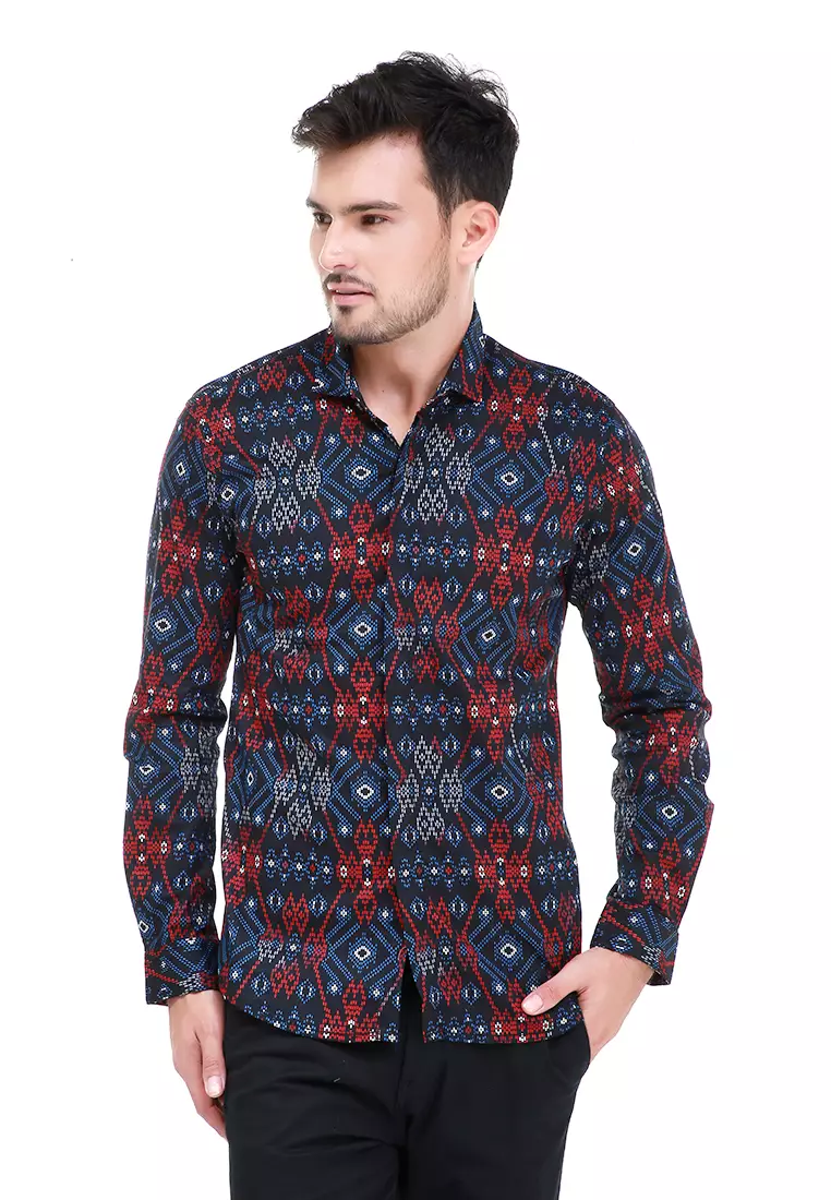 Dwan Kemeja Batik Pria Luxury Atasan Formal Longsleeve Shirt Material Cotton ORIGINAL - Red
