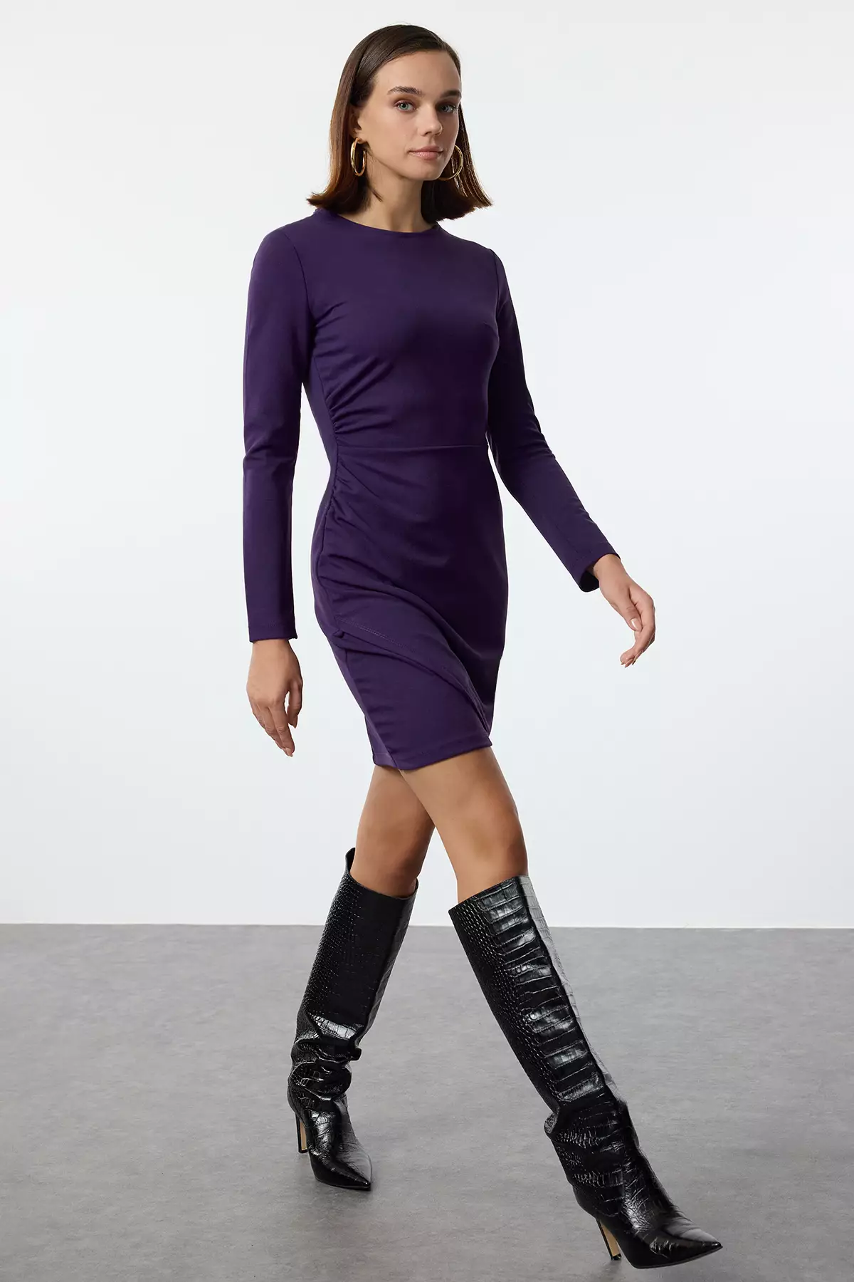 Purple Straight Ruffle/Drape Detailed Bodycone/Fitting Mini Knitted Dress TWOAW25EL00230