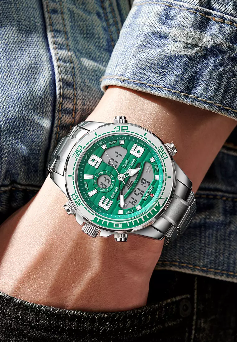 FOXBOX Unisex Stainless Steel Diver's Analogue/Digital Quartz Watch, Green Dial, Stainless Steel Bracelet, 30m Water Resistant