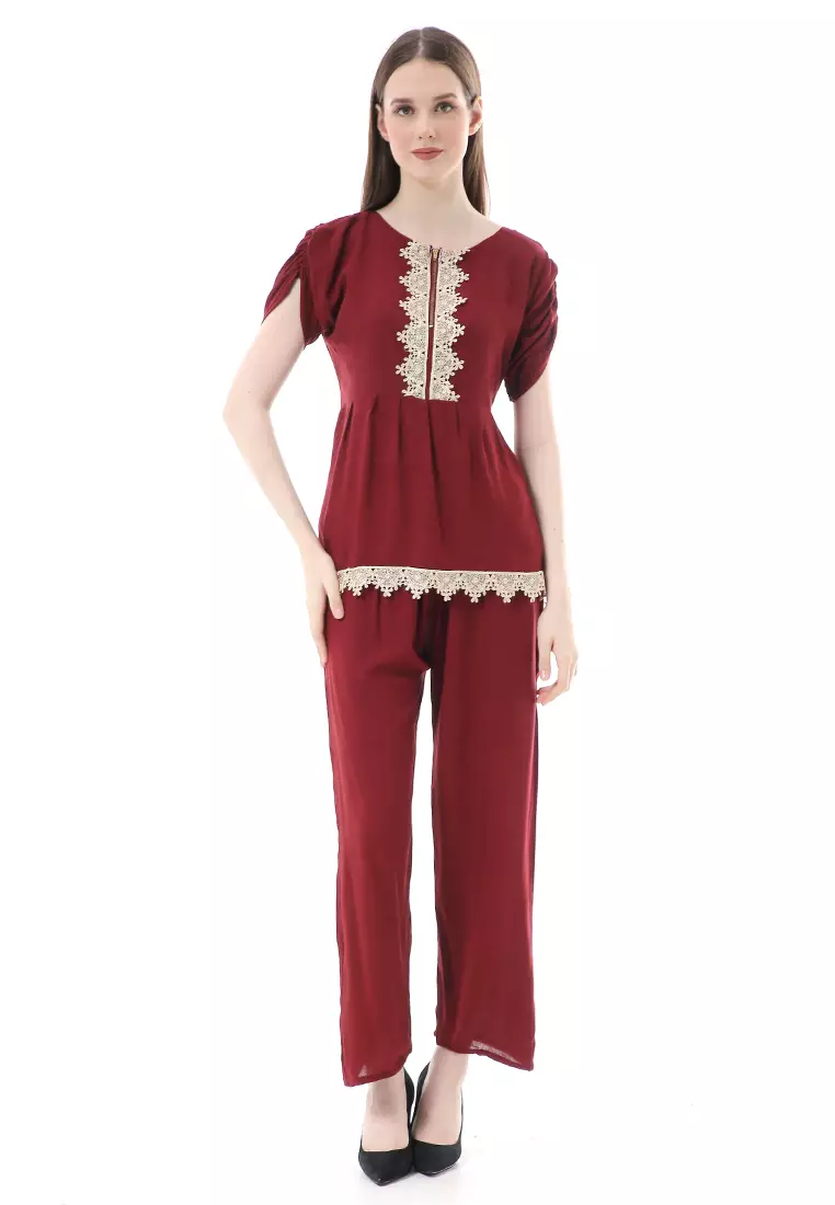 Zemira Piyama One Set Atasan Bawahan Wanita High Quality - Maroon