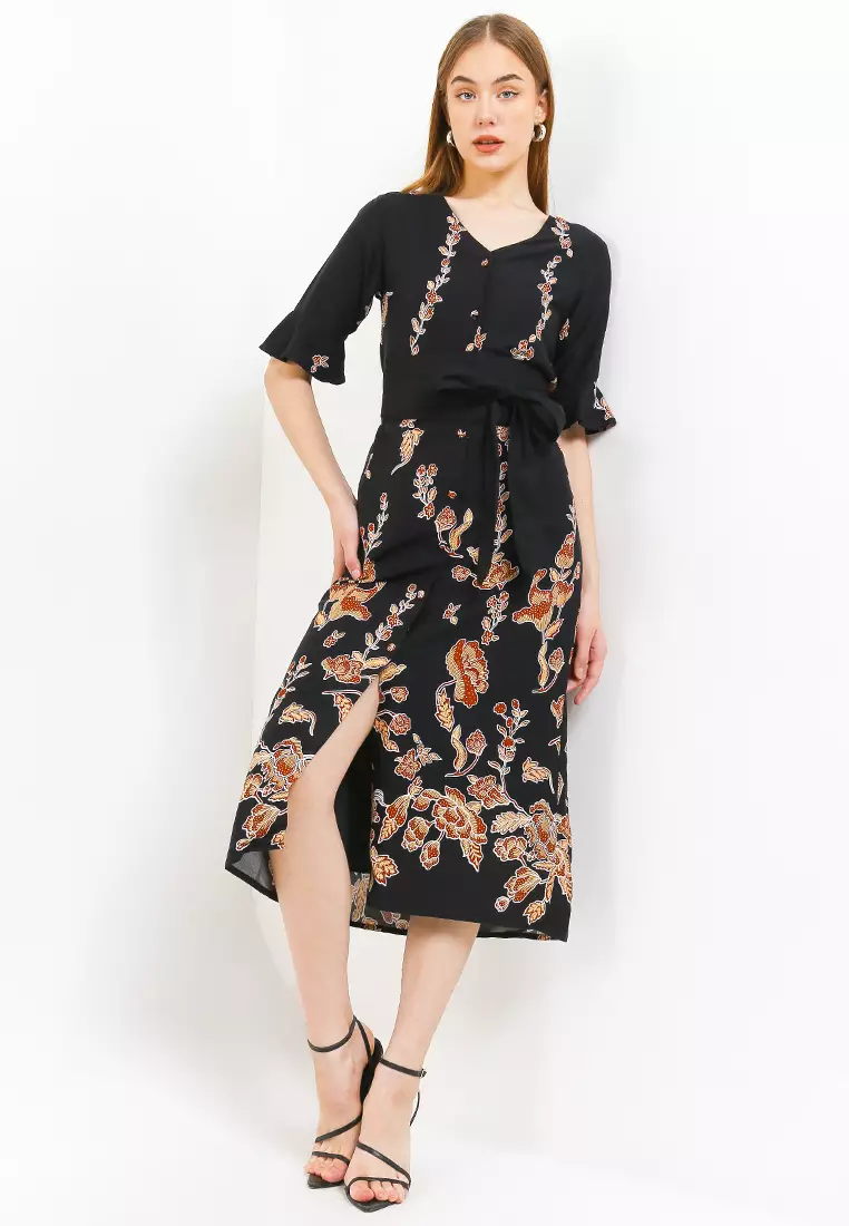 Midi Dress Wanita Daster Kancing Depan Innesa Free Belt Black Katun Rayon