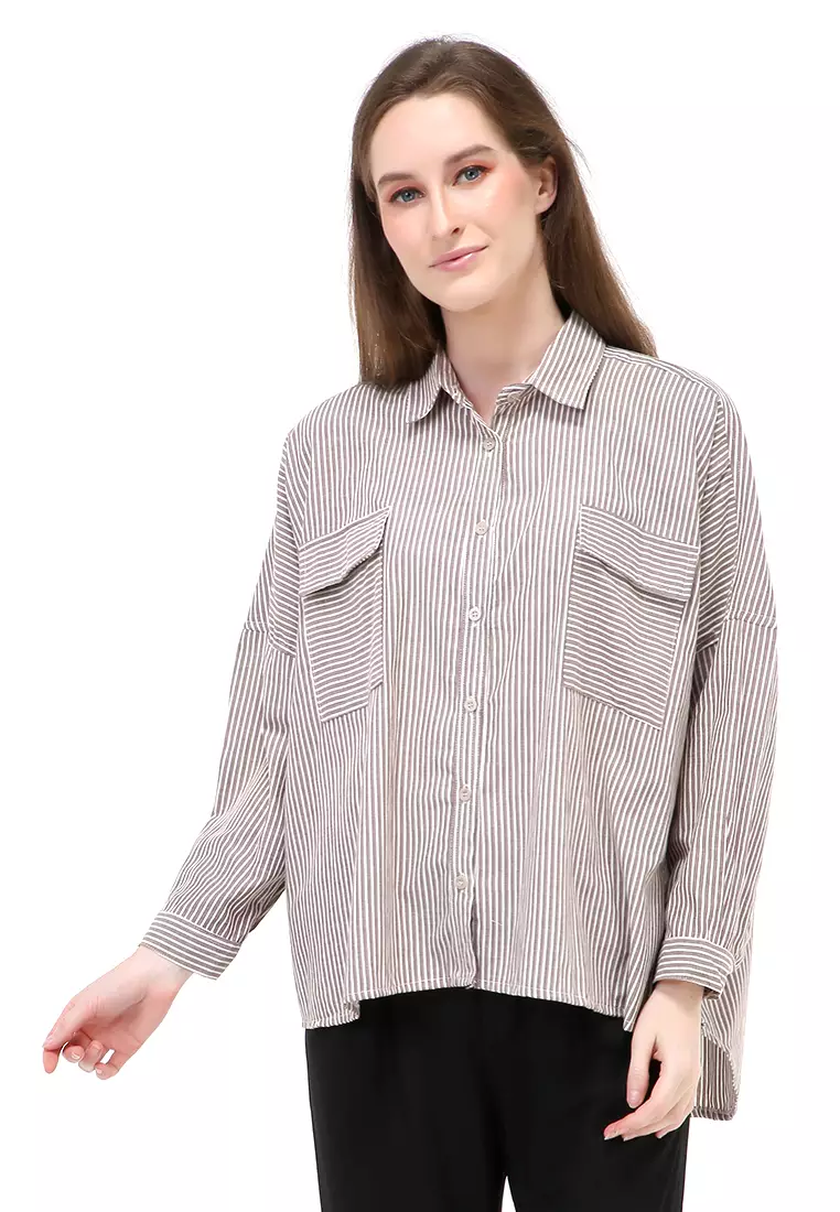 Dania Kemeja Long Sleeves Wanita Motif Bergaris Atasan Wanita Casual - Brown
