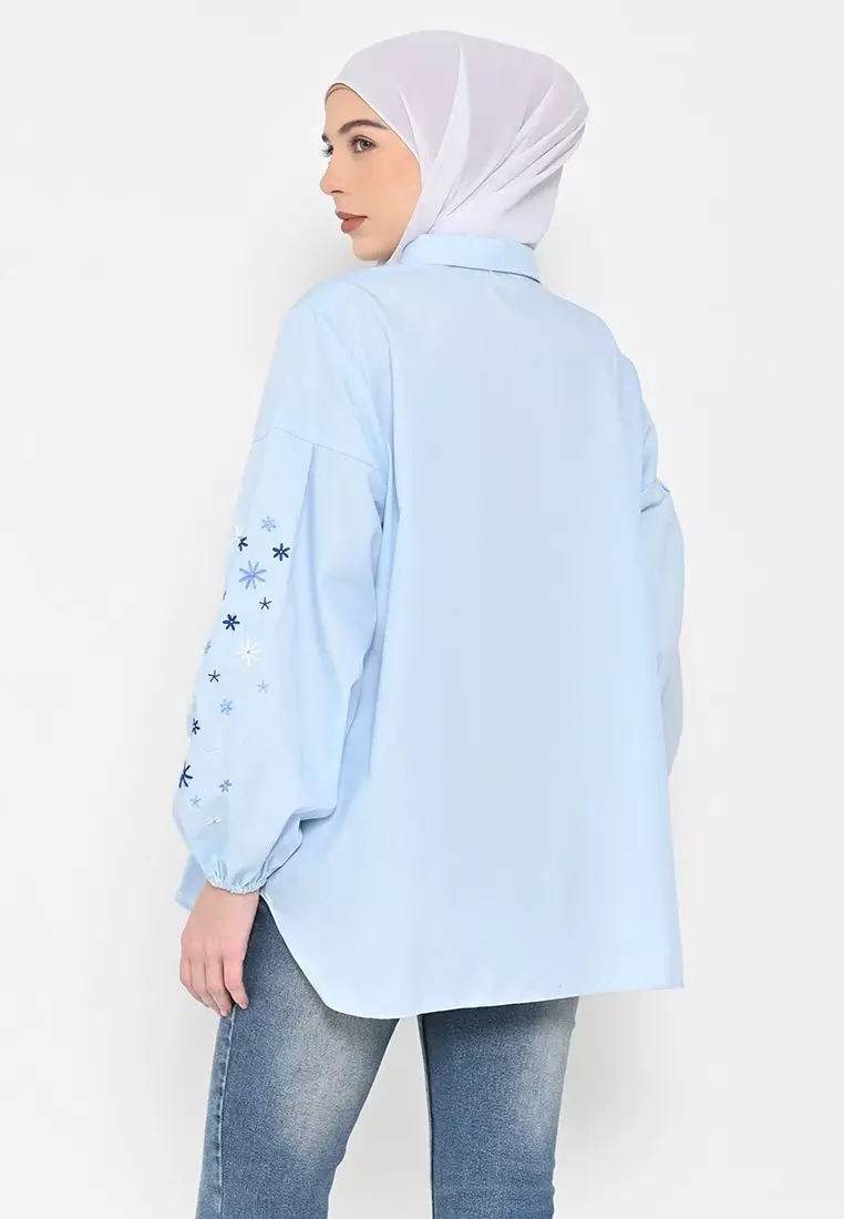 Kinaya Embrodery Top Powder Blue - Blouse Atasan Wanita