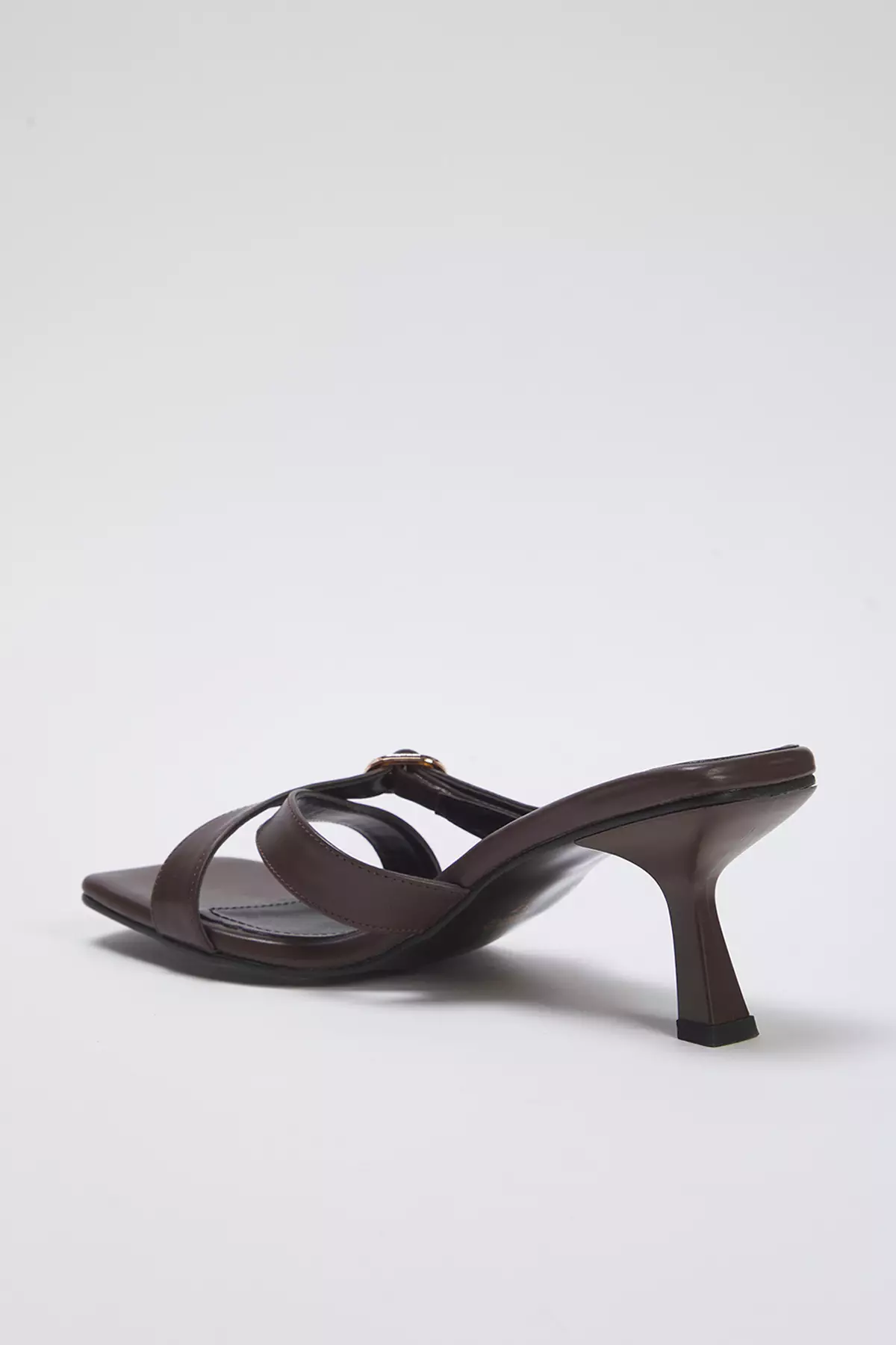 Brown Gold Buckle Square Toe Women's Heeled Slippers Takss25To00035