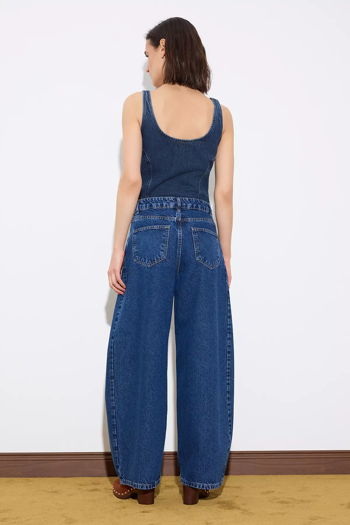 Limited Edition Blue Draped High Waist Baggy Jeans With Stitching Detail Twoss26Je8