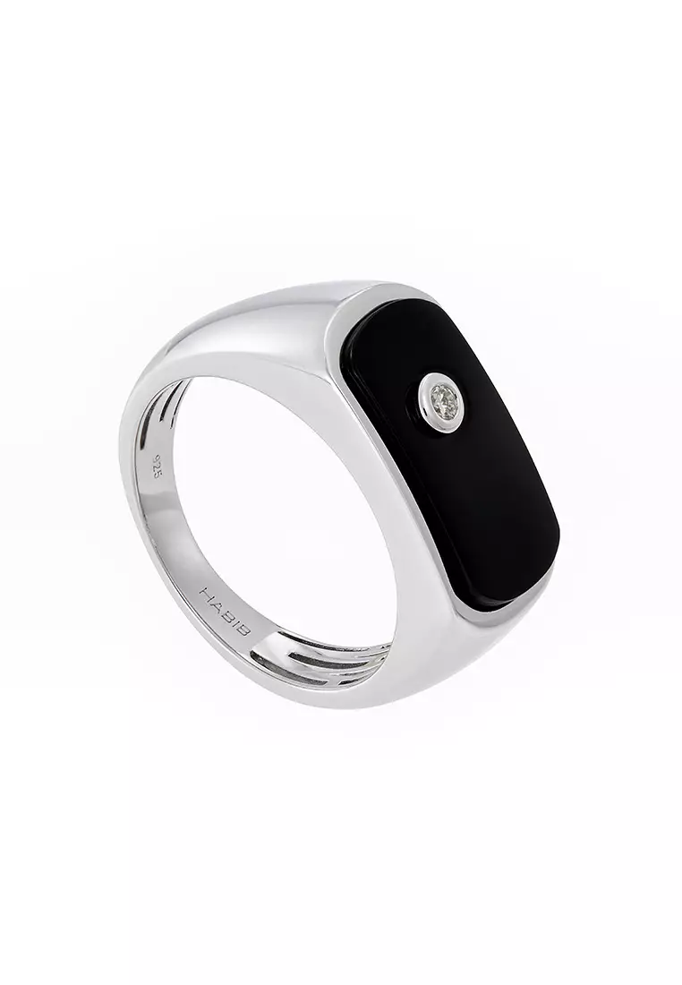 HABIB Rectangular Black Agate and Diamond Men's Ring in 925 Silver Palladium 119780125(PLD)-AGATE