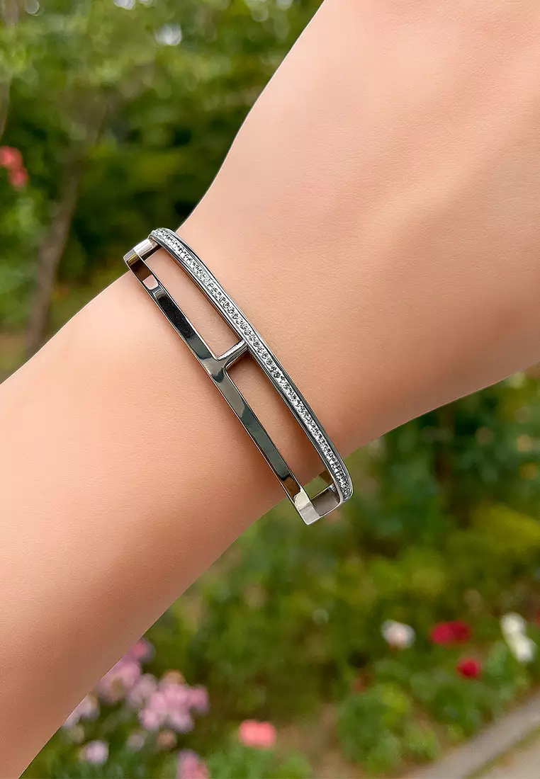 Lucky Dimension Cuff Stainless Steel Bangle with a High Polish Finish
