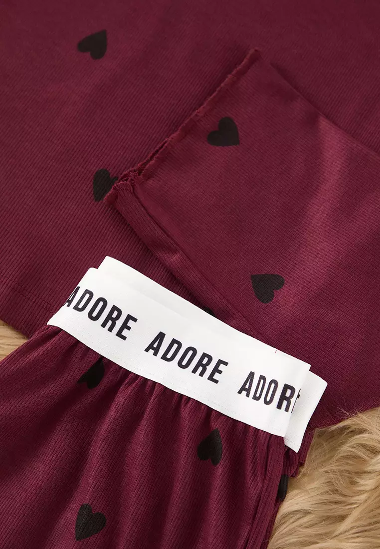 Burgundy Heart Slogan Printed Elastic Knitted Pajama Set THMAW25PT00045