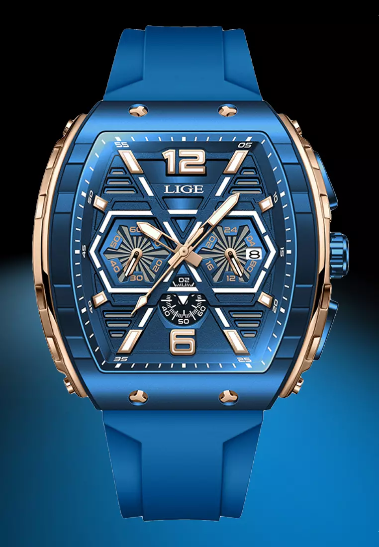 Unisex Tonneau Shaped IP Blue & Rose Gold Color Quartz Watch, Rubber Strap