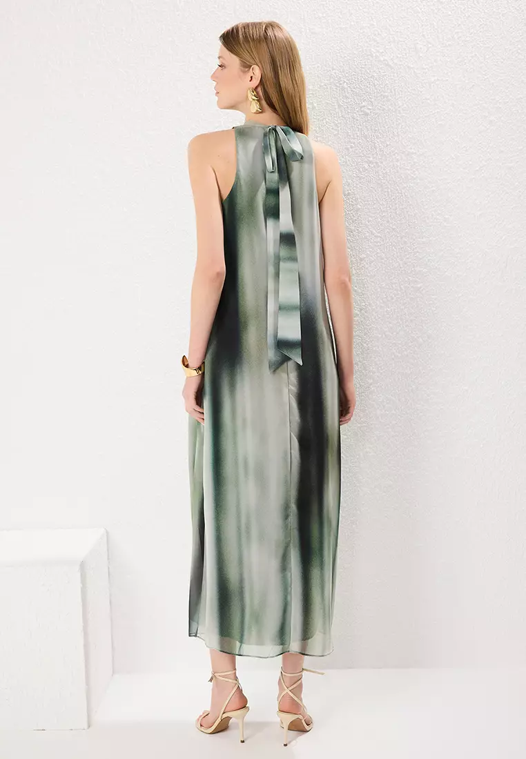 Green Abstract Patterned Straight Cut Tie Detail Maxi Woven Dress