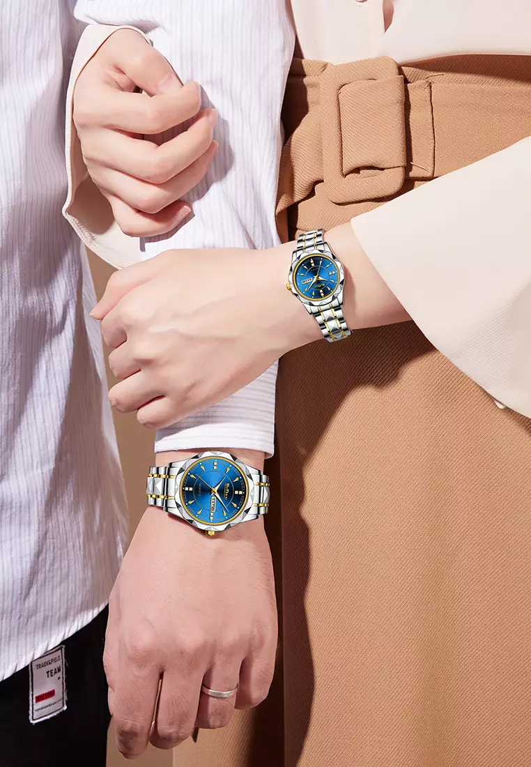 BIDEN Jam Tangan Couple Pasangan Anti Air Original Kalender Bercahaya Luminous Stainless Steel Analog Couple Watch Biru