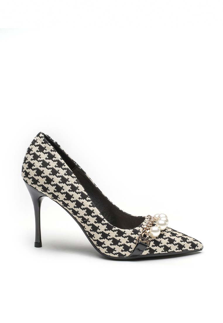 9CM Pearl-Embellished Houndstooth High Heels Shoes IF91813