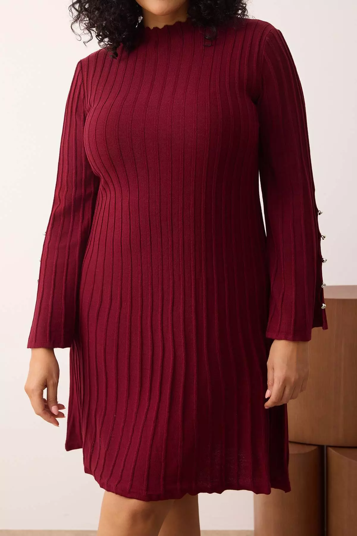 Claret Red Corded Accessory Detailed Knitwear Dress Tbbaw26Ah00000
