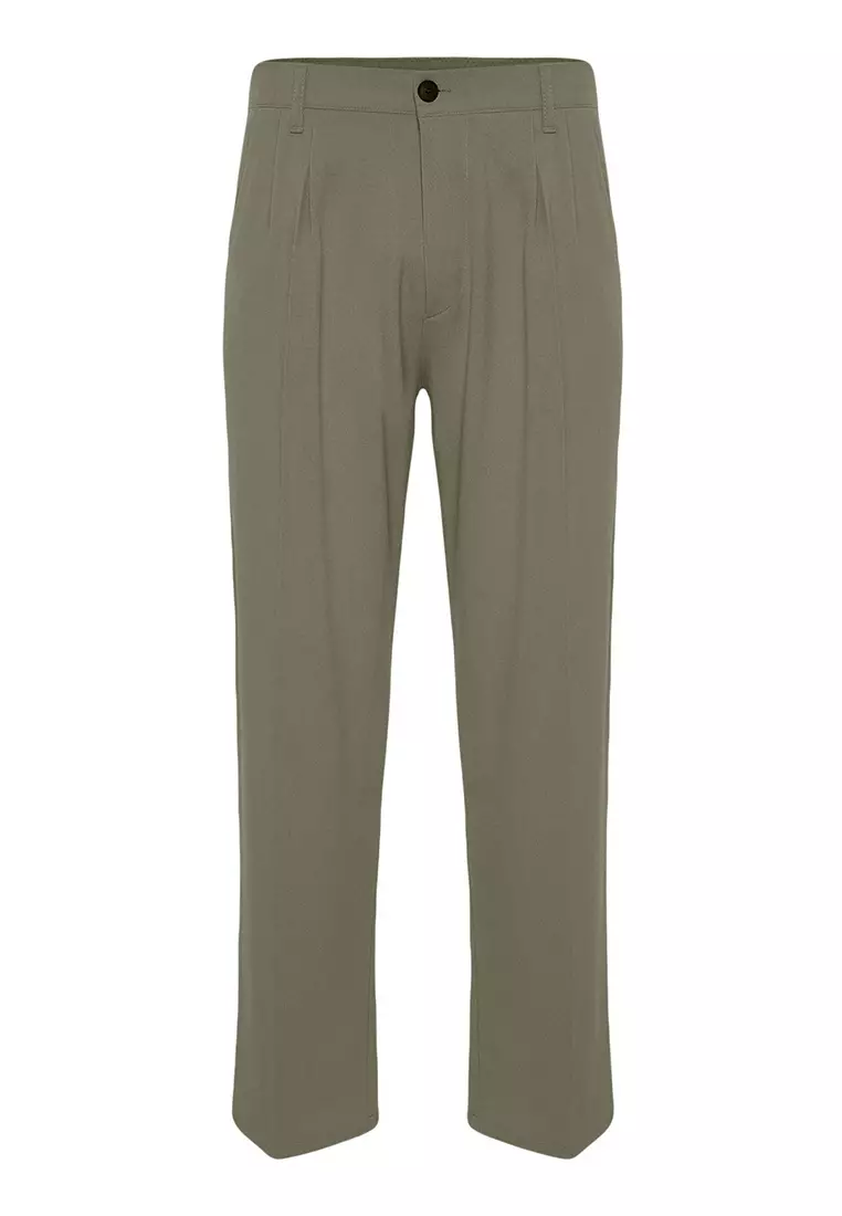 Khaki Pleated Classic Baggy Fit Fabric Trousers TMNSS24PL00024