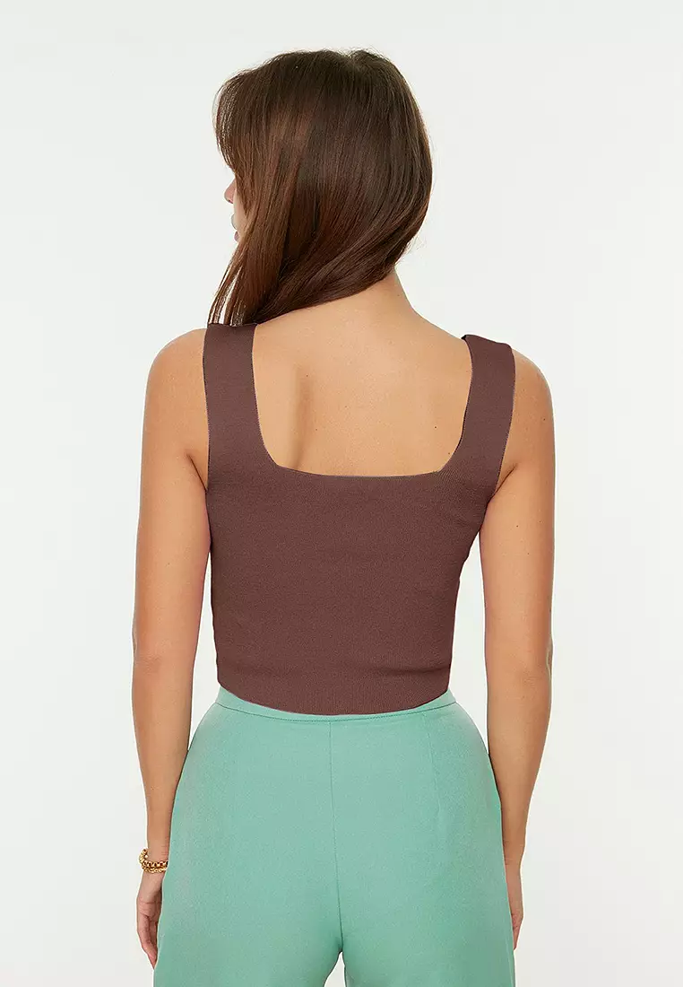 Brown Crop Thick Strappy Blouse