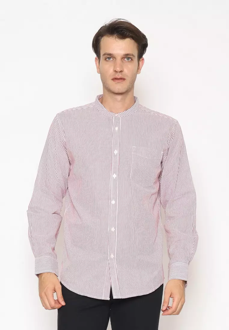 POLICE Kemeja Salur Koko Krah Shanghai Regular Fit Lengan Panjang Pria Putih Maroon