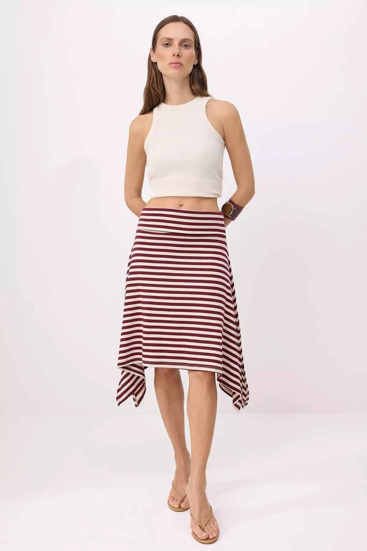 Multi-Colored Striped A-Line/ Bell-Shape Asymmetrical Soft Knitted Skirt Twoss26Et146