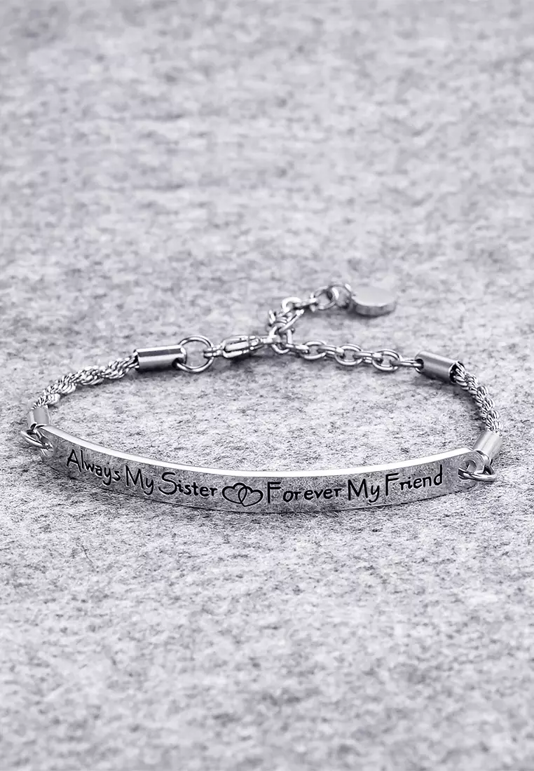 Sisters Forever Inscriptions White Gold Bar Bracelet