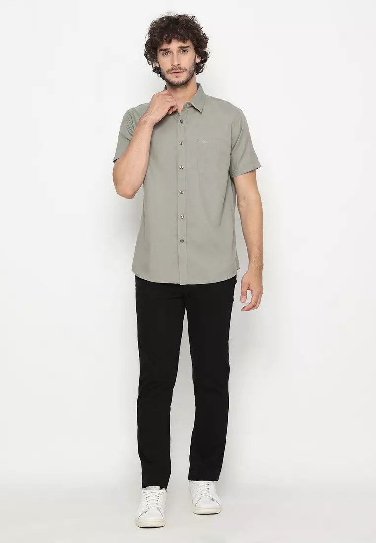 POLICE Kemeja Polos Basic Cotton Soft Grey Regular Fit Pria