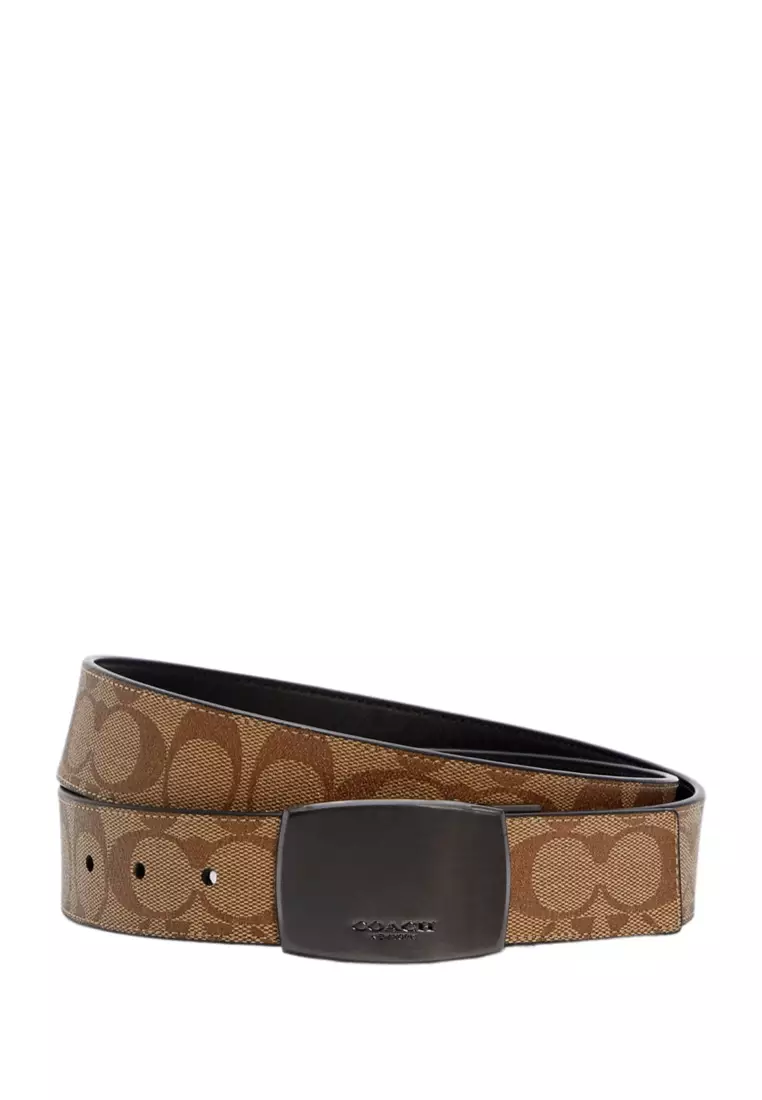 Jual Coach Boxed Harness Plaque Reversible Belt In Signature Canvas Tan ...