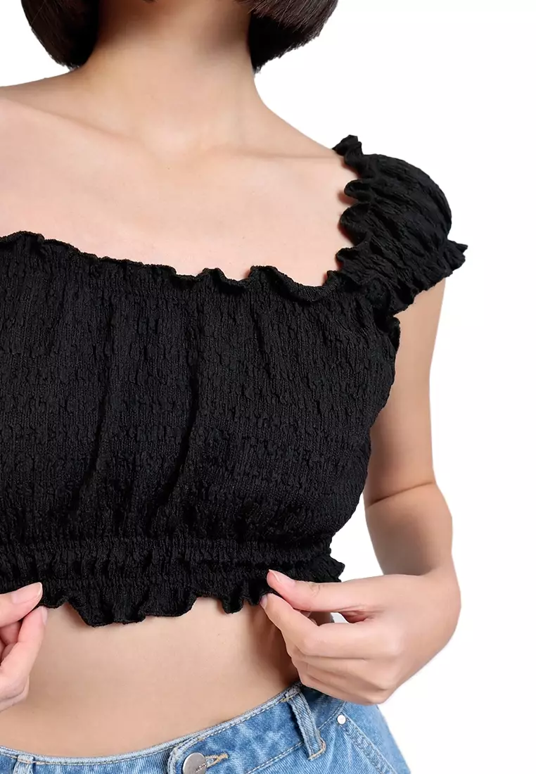 Crumpled Jersey Cropped Peasant Blouse