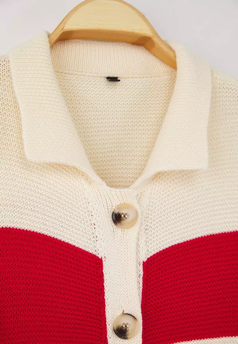 Teen Stone Striped Polo Neck Knit Cardigan Twoaw26Hi00202