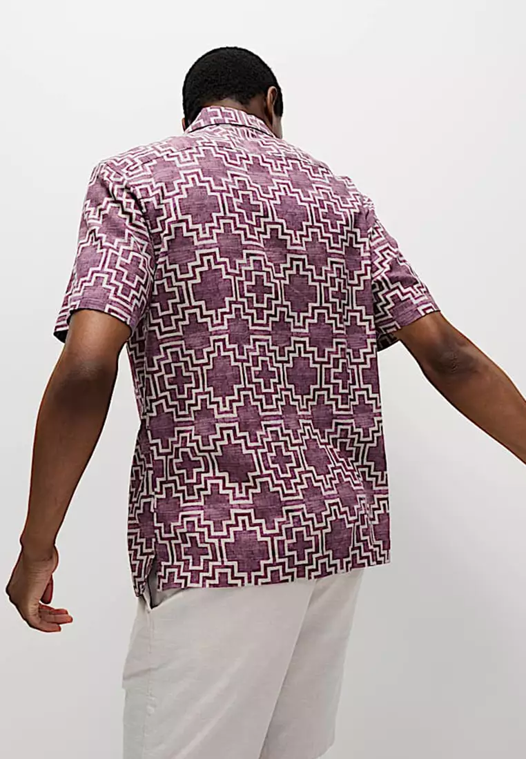 Linen Blend Geometric Print Short Sleeve Shirt