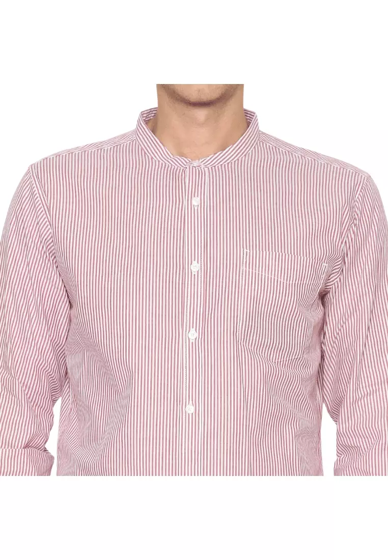 POLICE Kemeja Salur Koko Krah Shanghai Regular Fit Lengan Panjang Pria Putih Maroon