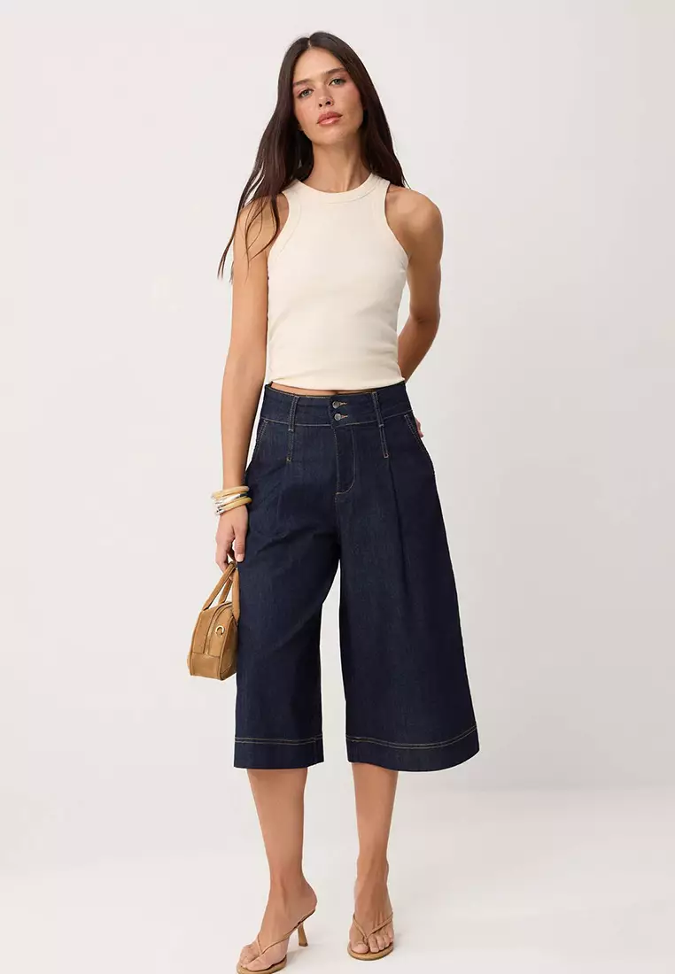 Dark Blue High Waist Wide Leg Capri Jeans Twoss26Je38