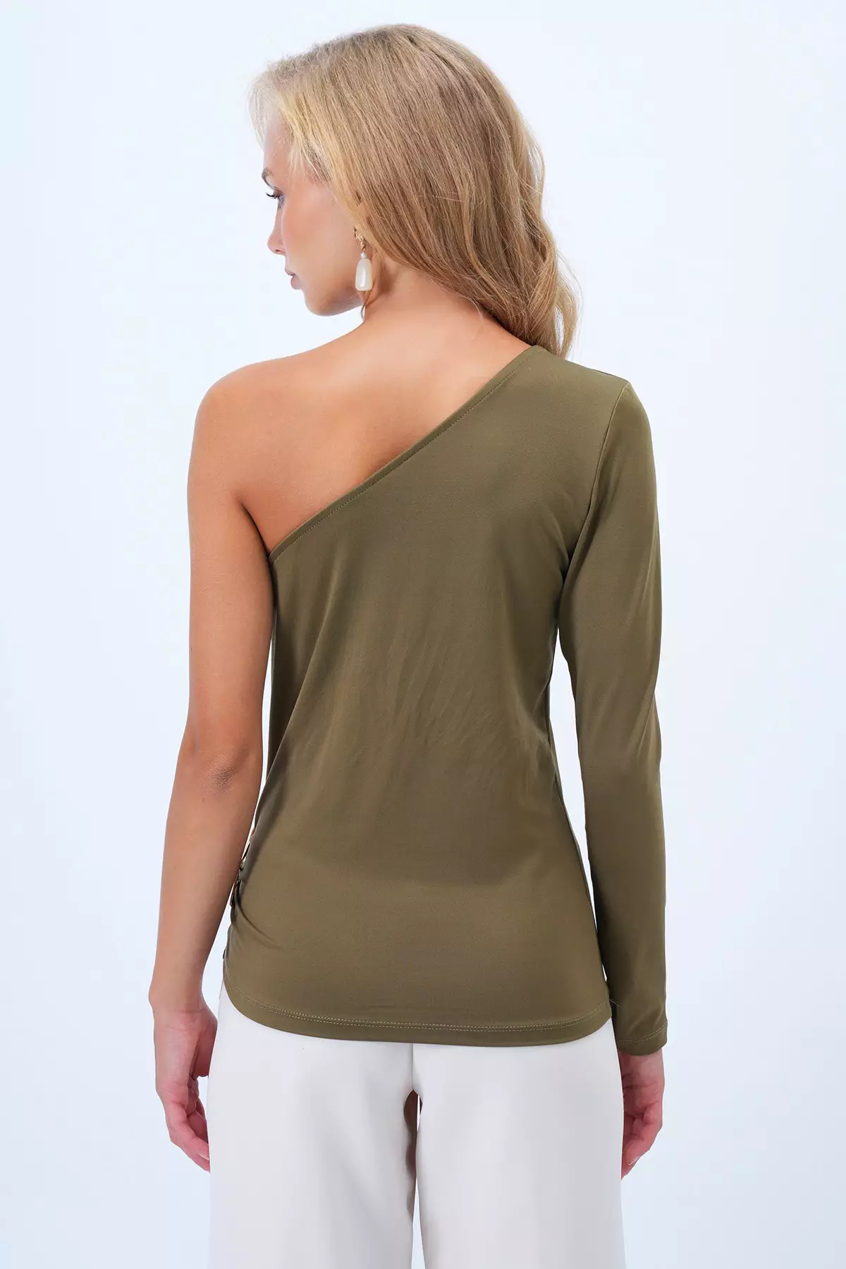 Women's Olive Green Waist Draped Accessory Detailed Single Sleeve Sandy Blouse Alc-X14414