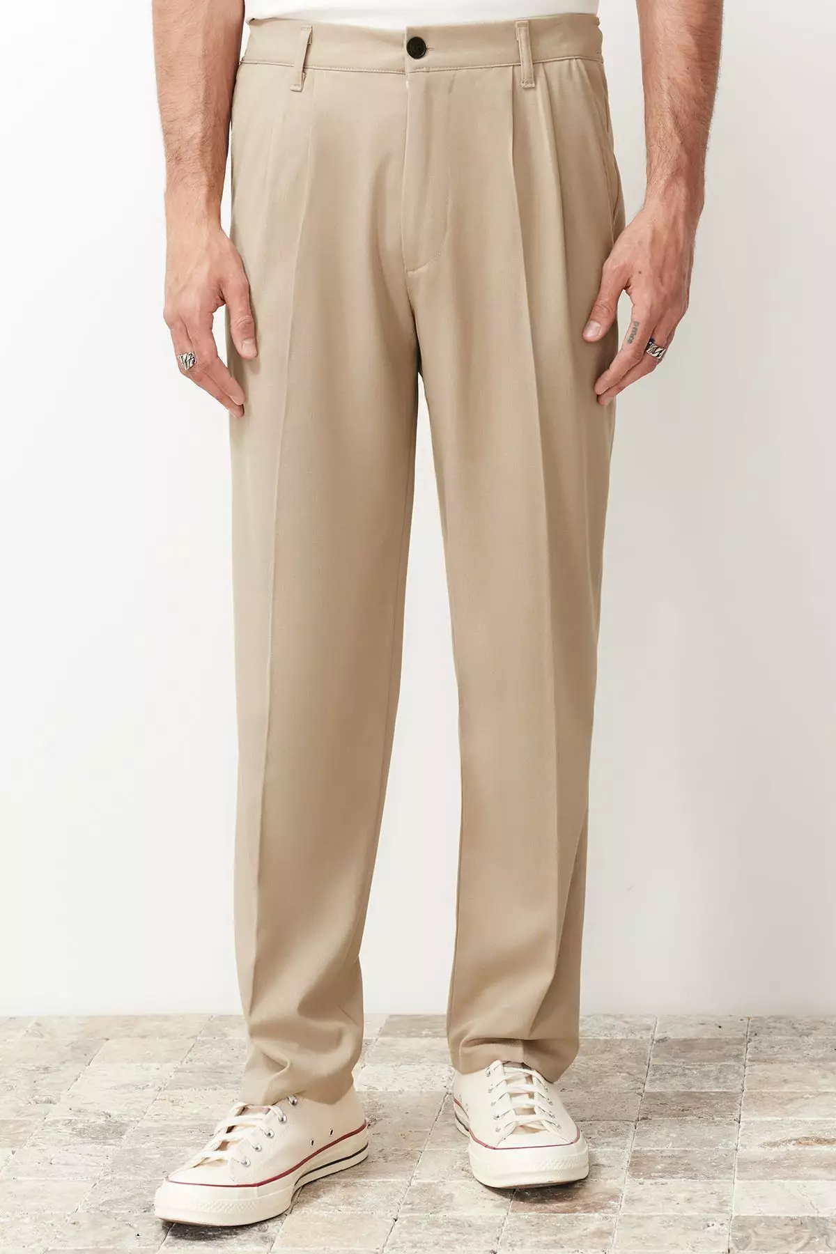 Beige Pleated Classic Baggy Fit Fabric Trousers TMNSS24PL00024
