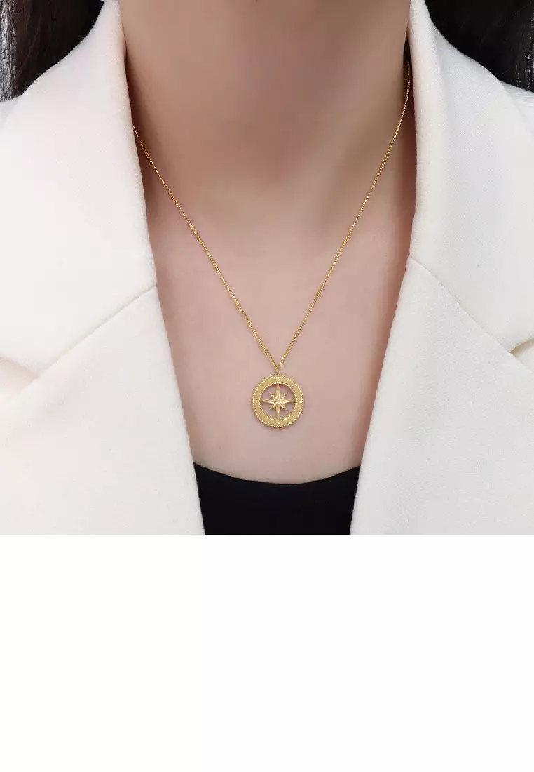 Fashion Simple Plated Gold 316L Stainless Steel Hollow Star Geometric Round Pendant with Necklace