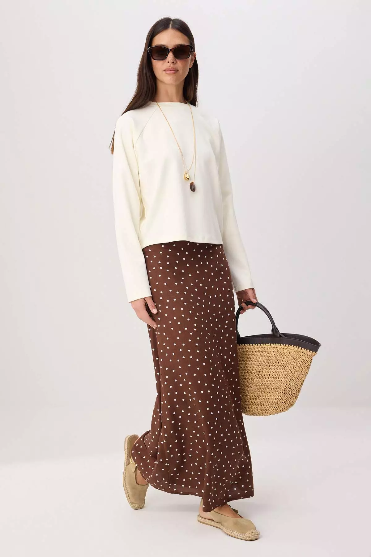 Brown-Multicolor A-Line Unlined Polka Dot Pieces Woven Top & Bottom Hijab Skirt Tctss22Ee0006