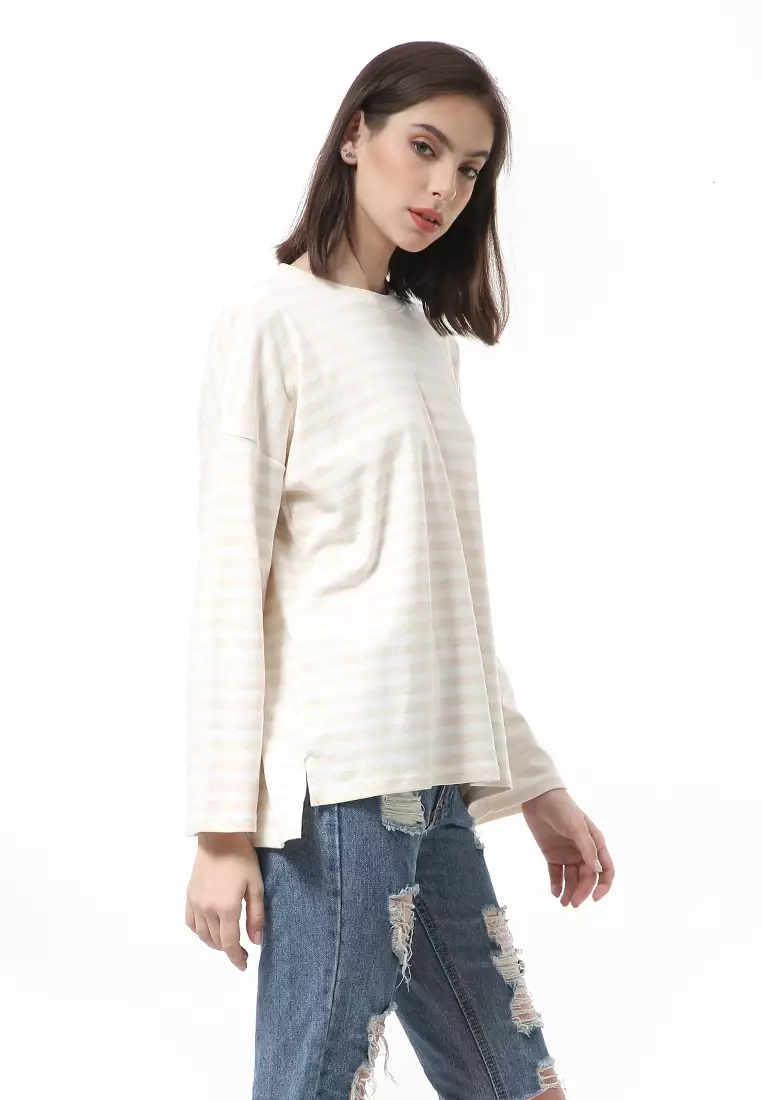 Albertine Blouse Atasan Wanita Lengan Panjang Stripes Motive Material Cotton ORIGINAL - Pink