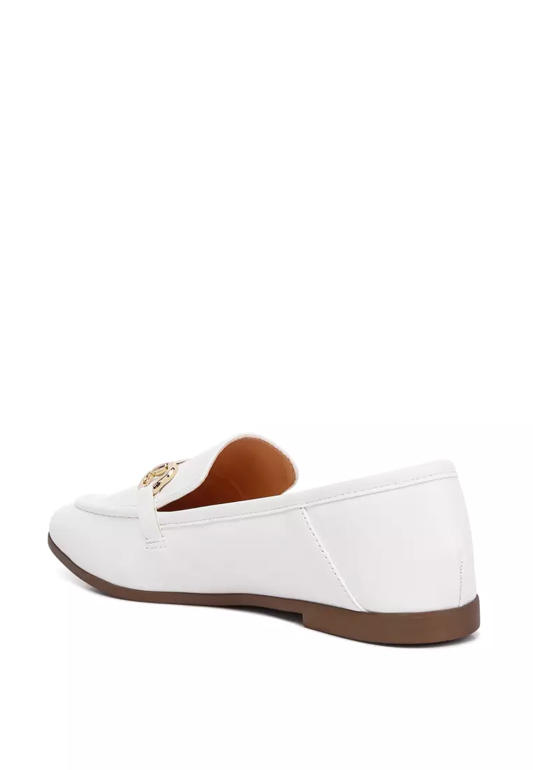 Horsebit Embellished Faux Leather Loafers in White