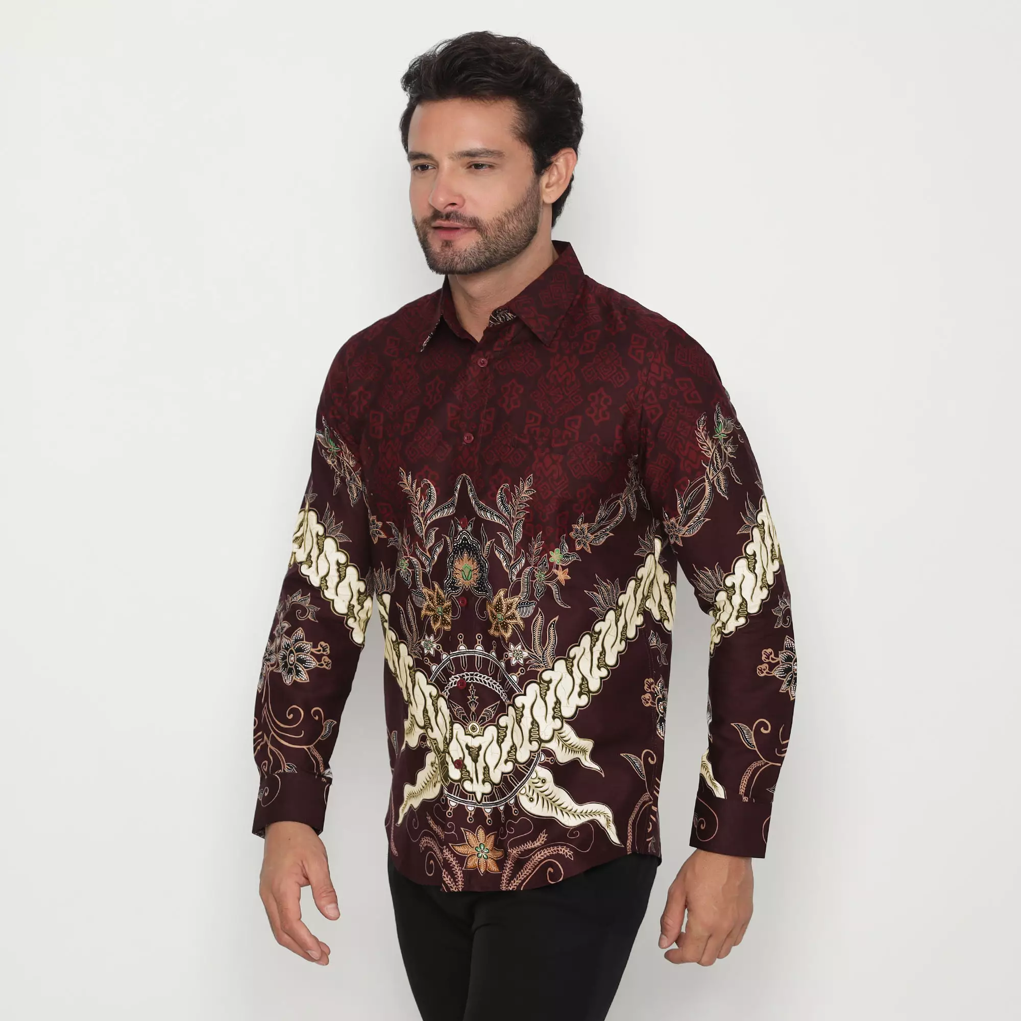 Platini Kemeja Batik Pria Lengan Panjang Katun Maroon 36051
