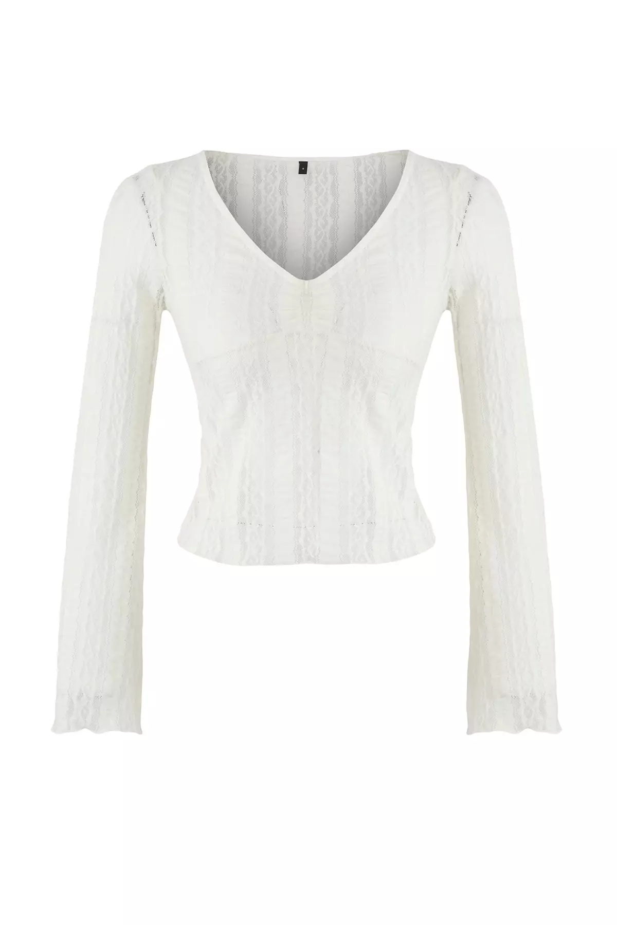 Teen Ecru Y-Neck Textured Bell Sleeve Knitted Blouse Twoaw26Bz00082