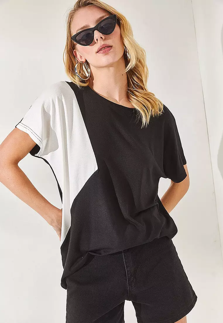 Women's Black Color Block Bat Knitted Viscose Blouse BLZ-19002283