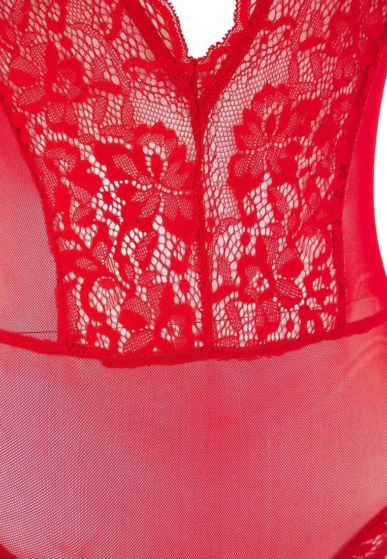 Red Tulle Lace Detailed Uncovered Knitted Bodysuit