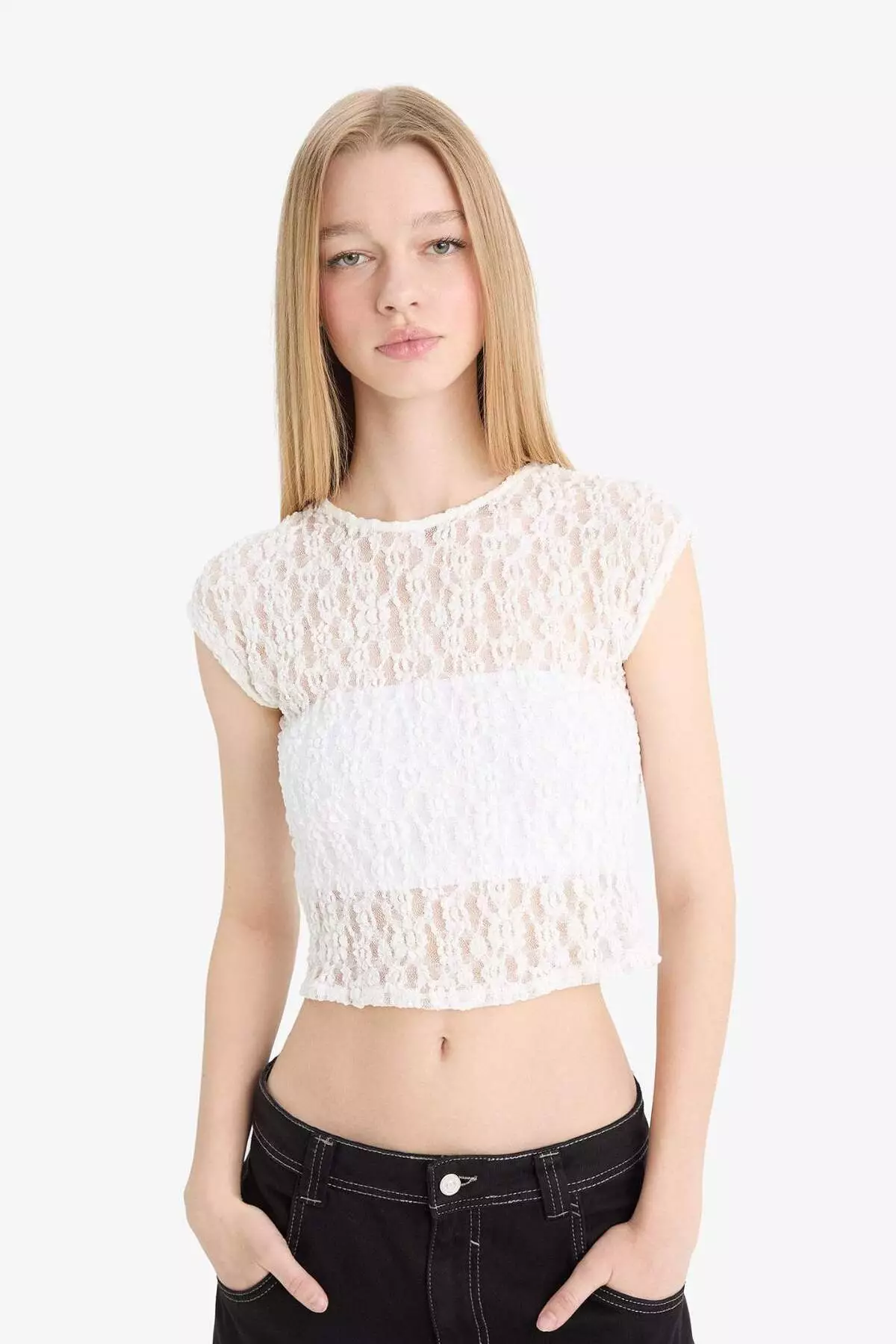Coool Fitted Crop Lace Short Sleeve White Blouse F1778Ax25Sm