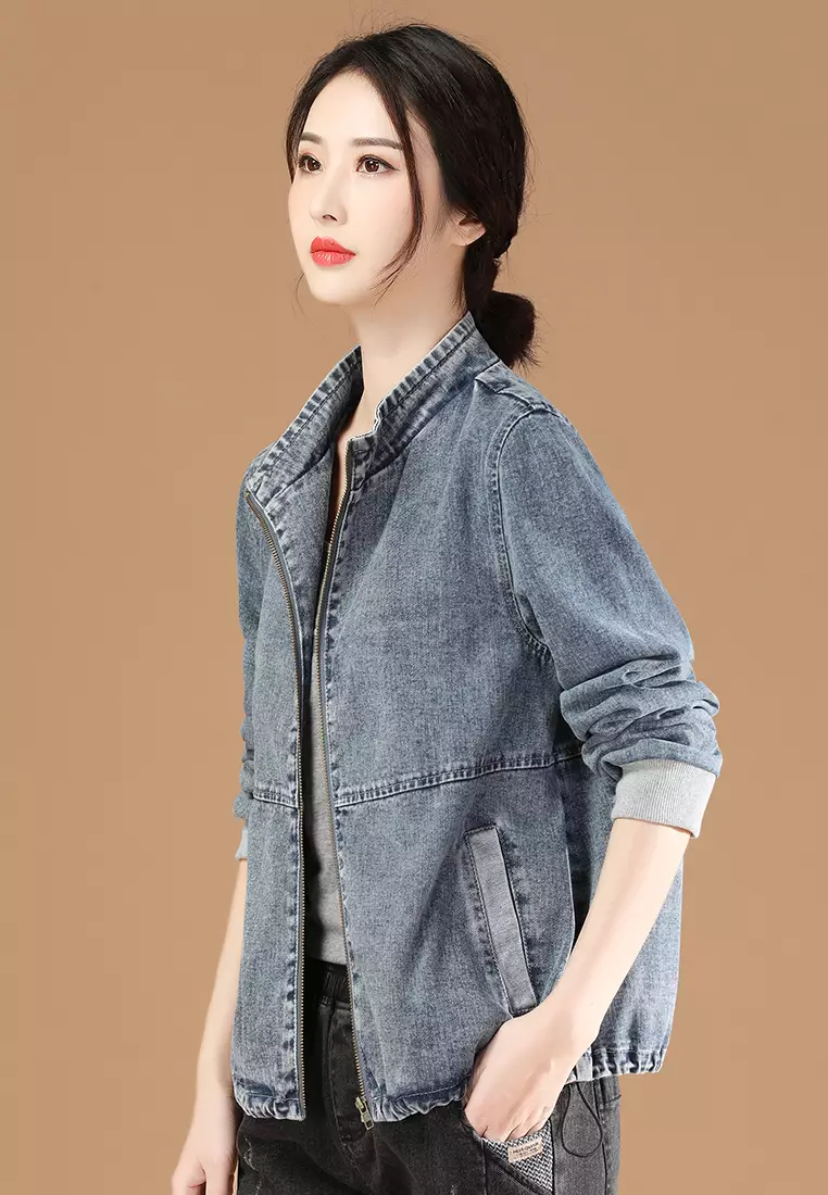 Buy A-IN GIRLS Vintage Stand-Collar Denim Jacket Online | ZALORA Malaysia