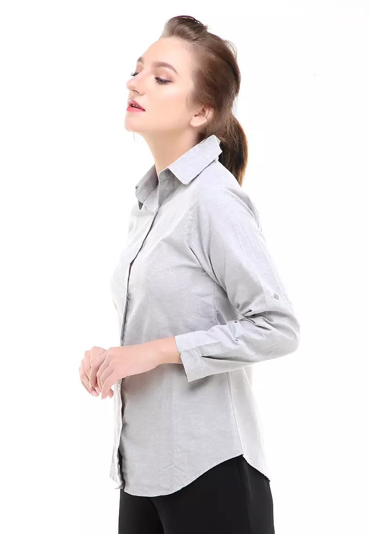 Jeanly Kemeja Lengan Panjang Motif Solid Atasan Wanita Regular Fit - Khaki