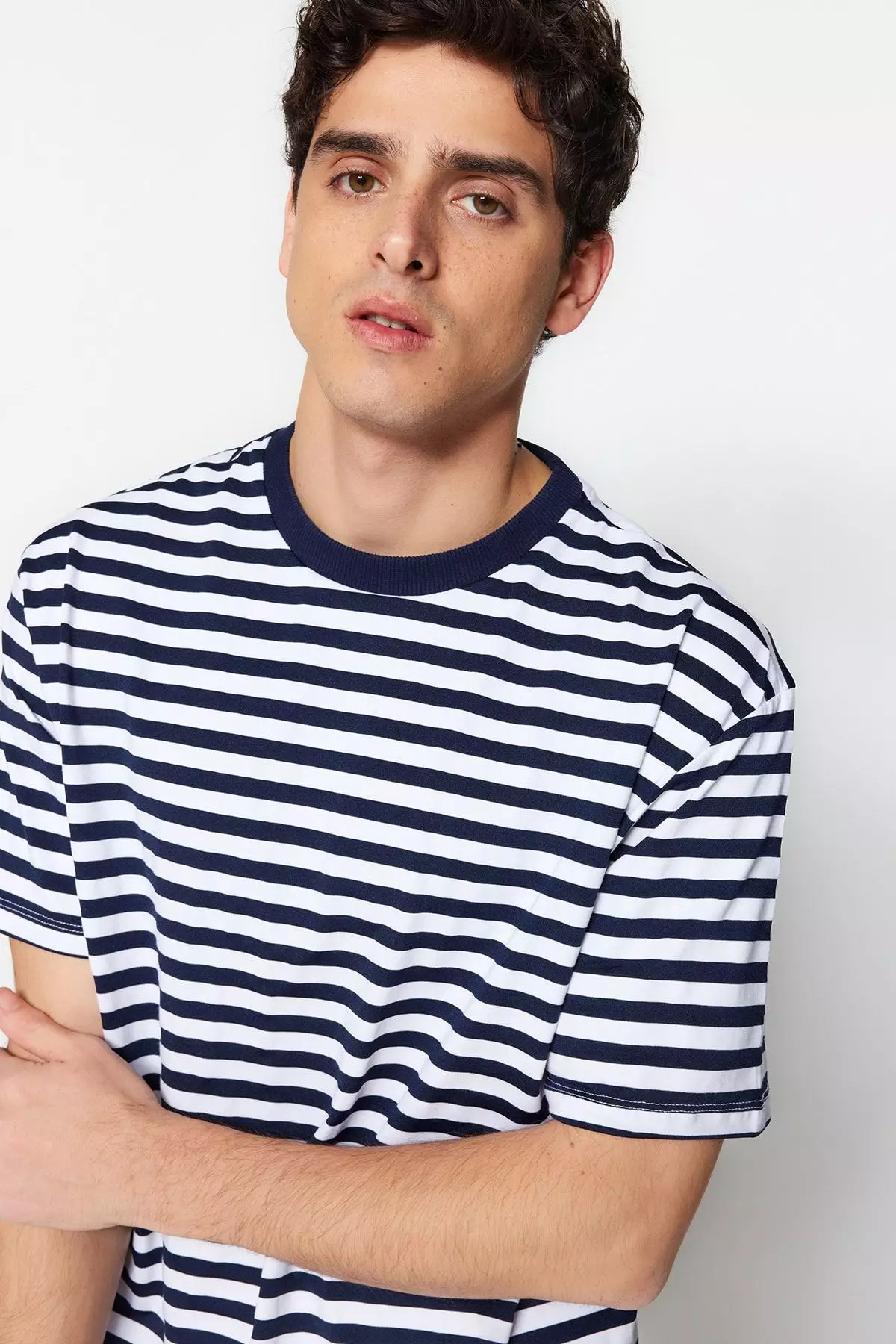 Navy Blue Oversize/Wide Cut Striped Short Sleeve T-Shirt TMNSS20TS0511