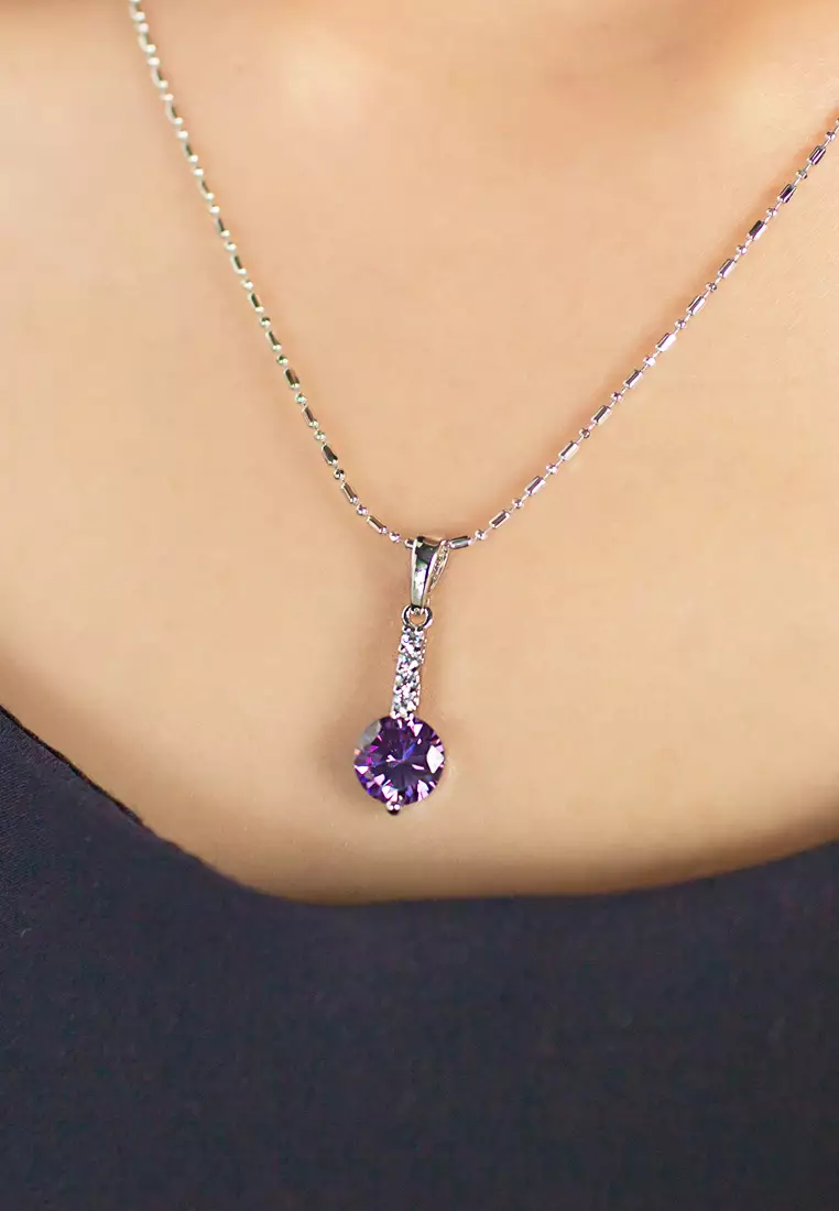 SO SEOUL Lic Crown Purple Solitaire Diamond Simulant Zirconia Pendant Chain Necklace